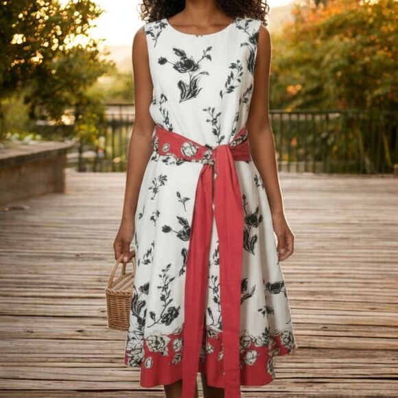 Yaly Couture Romantic Tomato Girl Floral Sleeveless Linen Midi Dress with Sash - Picture 1 of 10